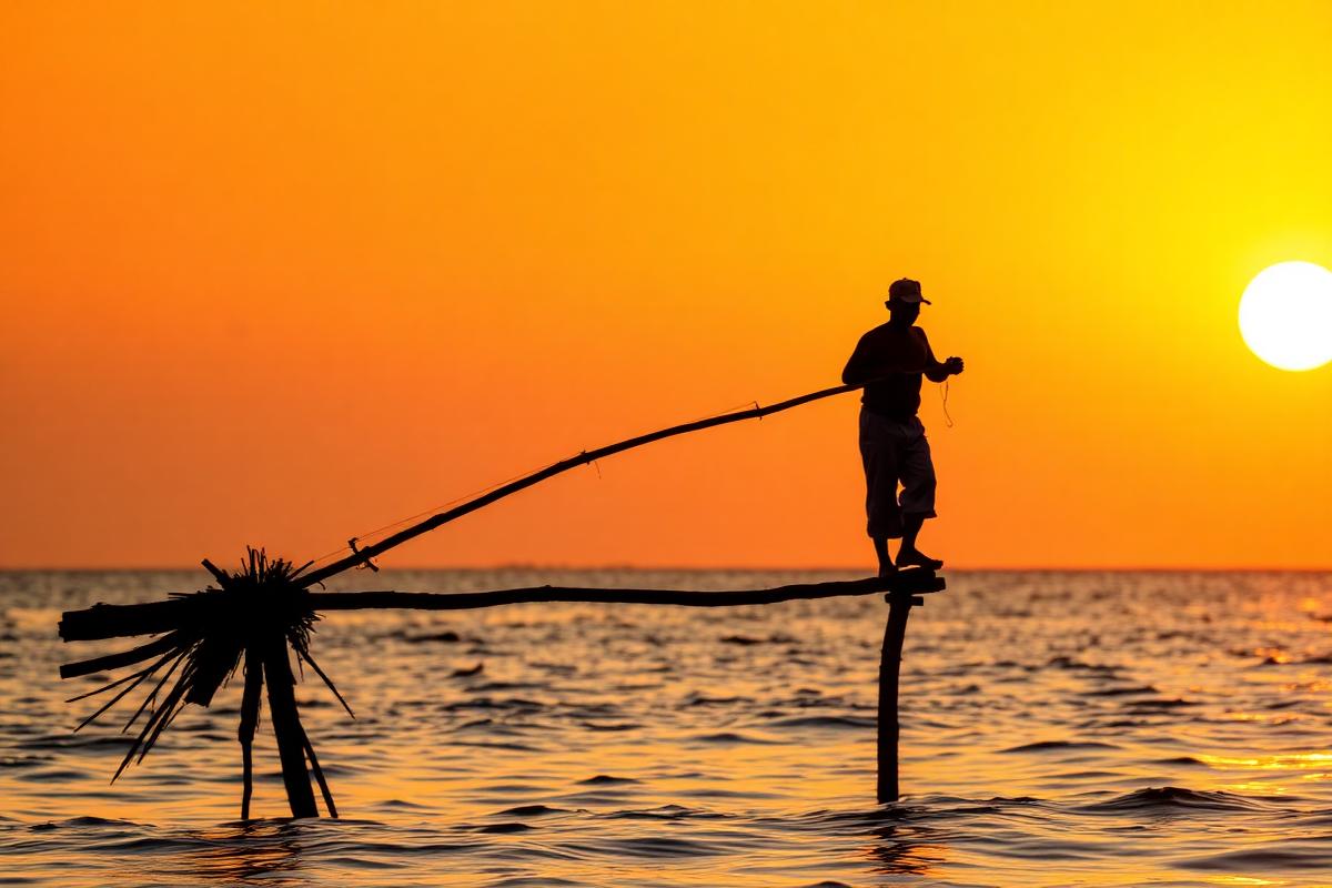 Sri Lankan stilt fisherman at sunset
