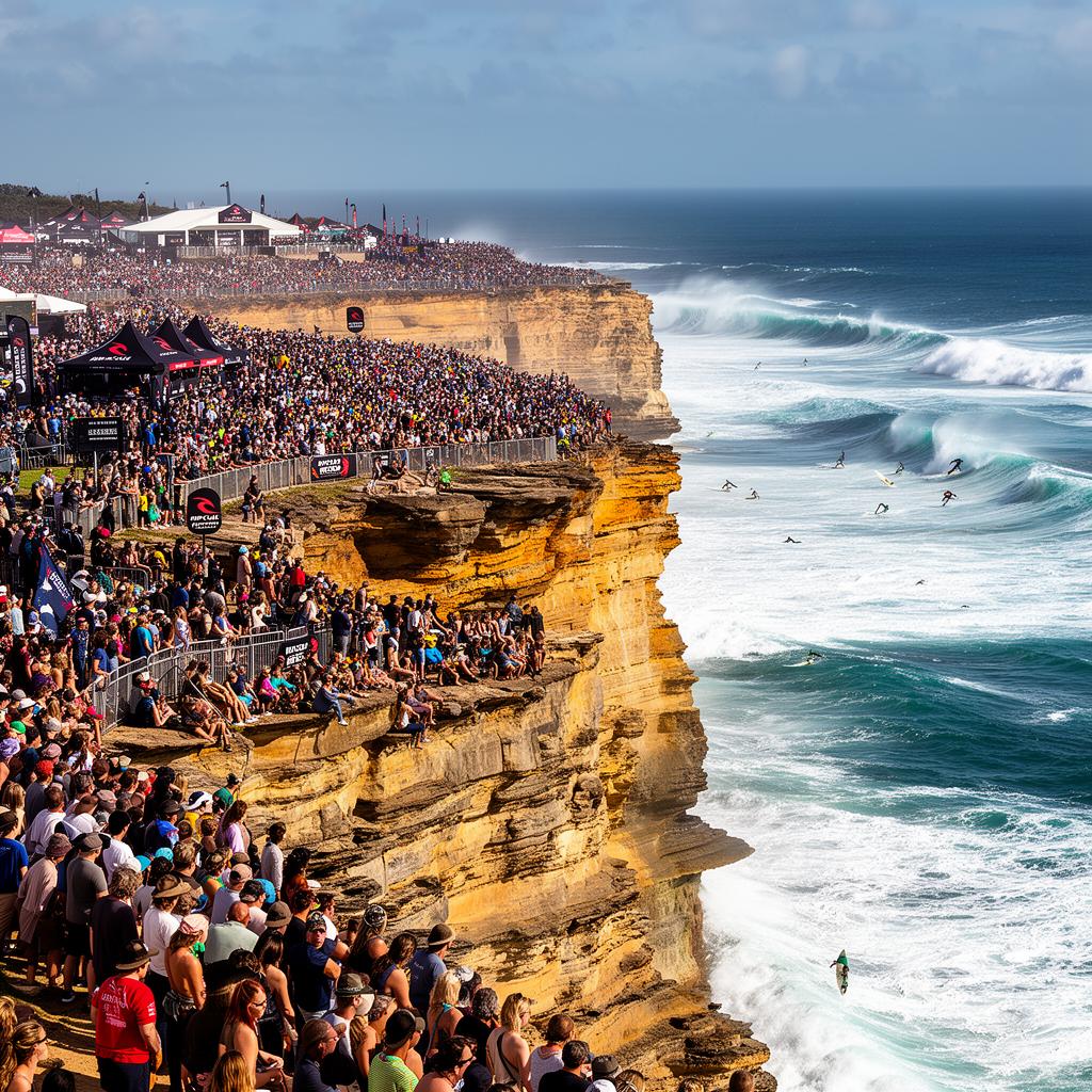 Multidão nas falésias de Bells Beach durante Rip Curl Pro