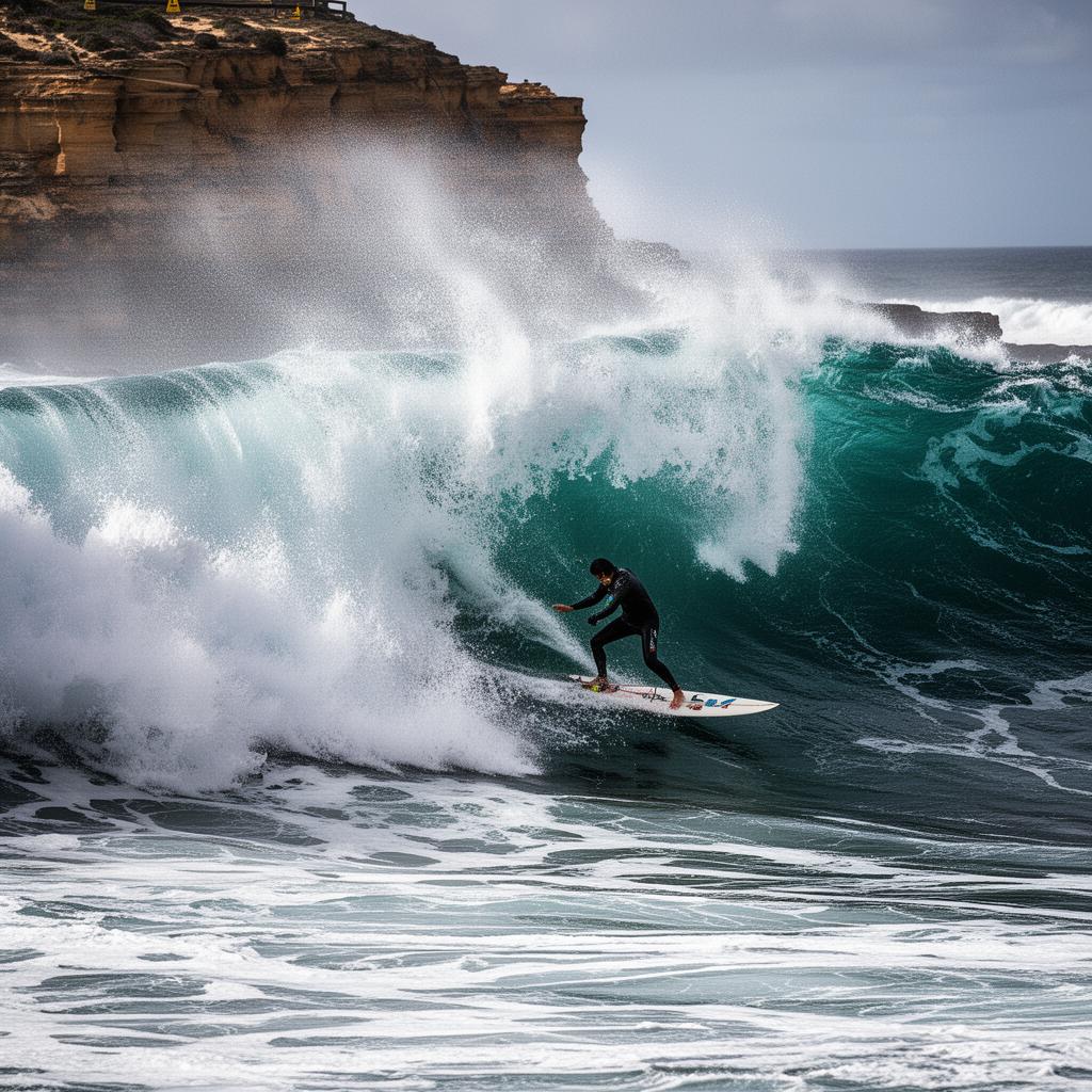 Surfista executando carve poderoso em Bells Beach