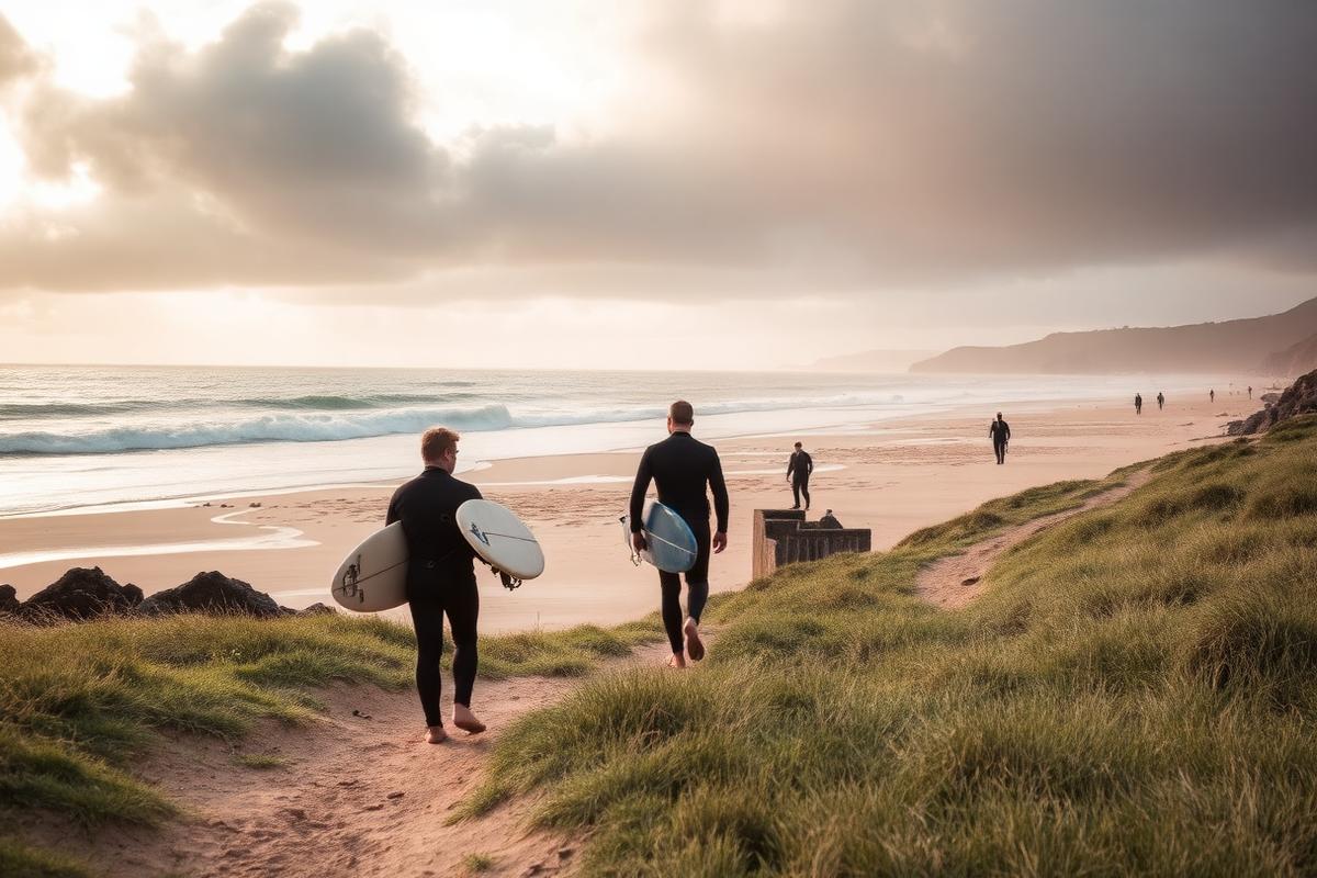 Surfers walking Fistral Beach