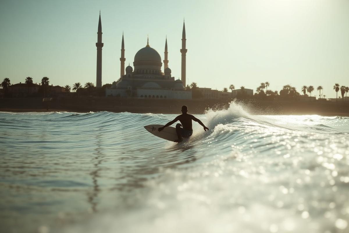 Surfing at Ouakam with Mosque of the Divinity